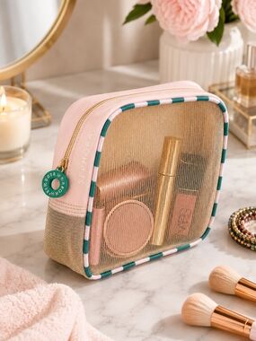 Sephora Pink Mesh Cosmetic Pouch with Teal Trim